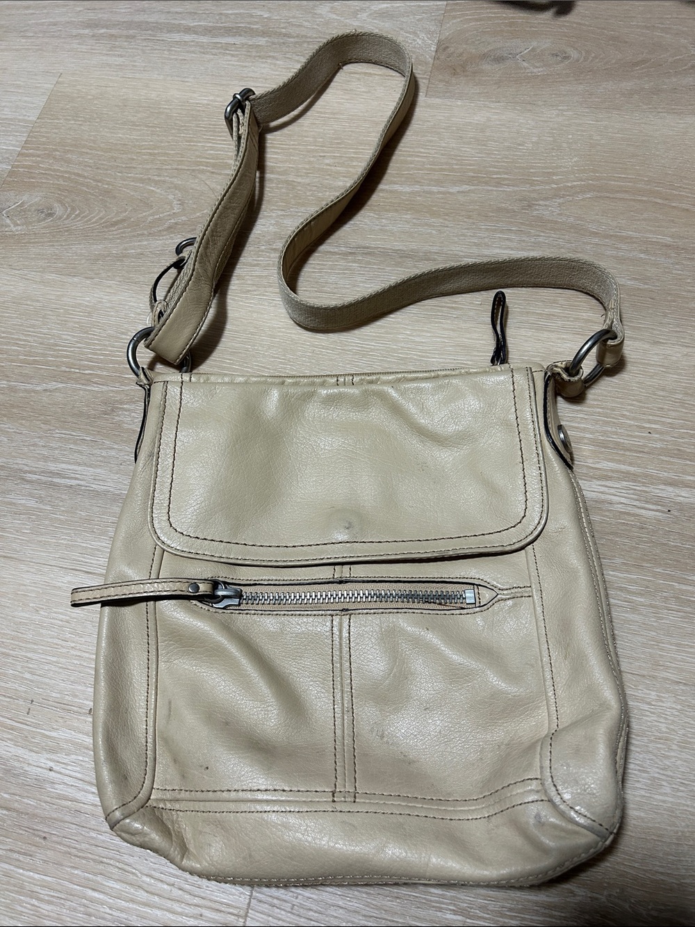 Fossil Beige Leather Crossbody with Front Zip Pocket